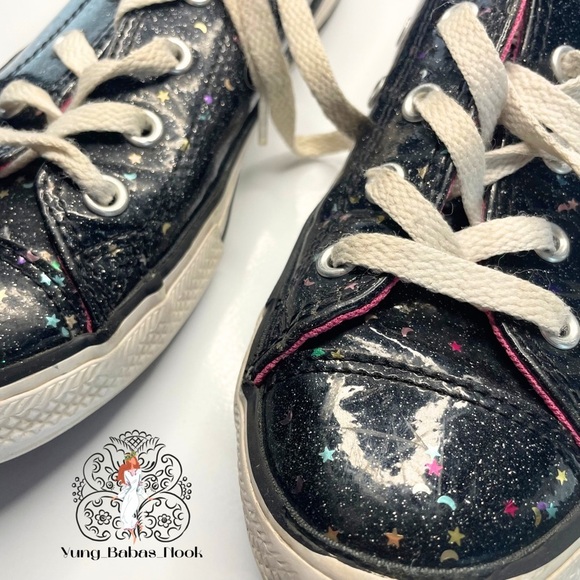 Converse Other - Converse All Star Low Tops Size Kids 2 Shiny Black Stars Moons PRELOVED